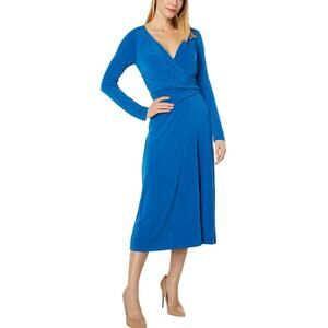 Maggy London Long Sleeve V-Neck Faux Wrap Midi Dress Classic Blue Womens Size 10
